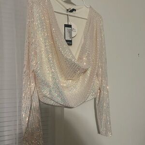Iridescent Sequin Cowl Neck Long Sleeve Top